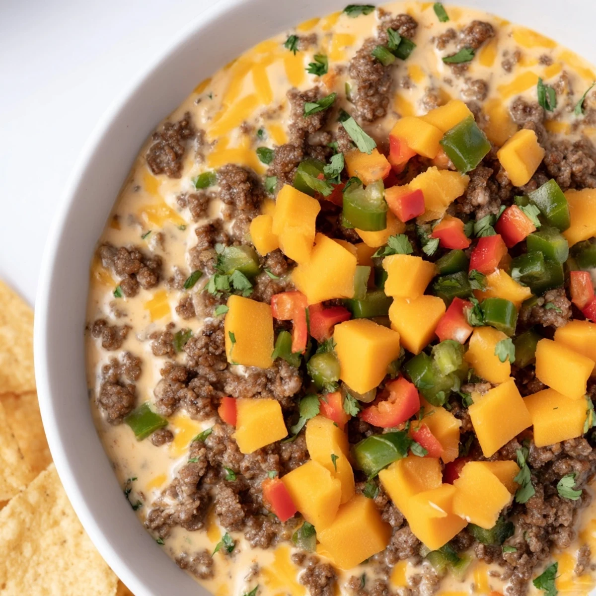 A hearty appetizer of Beef Queso Dip with seasoned beef and melted cheese, paired with crunchy tortilla chips.