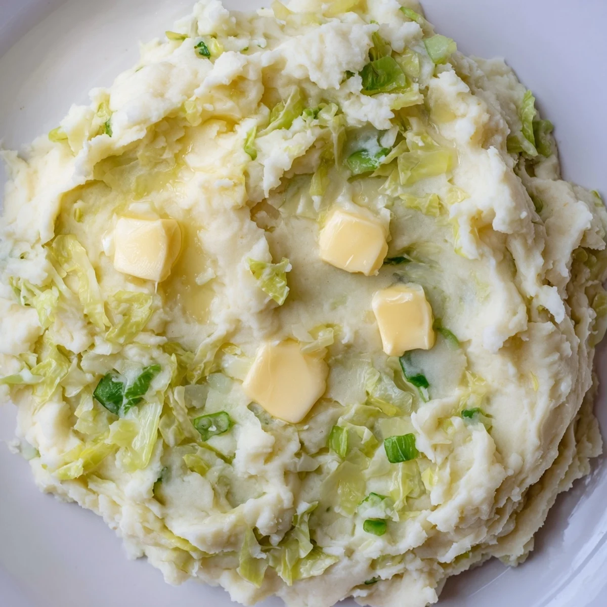 Creamy Irish Colcannon Mashed Potatoes with tender cabbage and scallions served in a rustic bowl with melted butter.