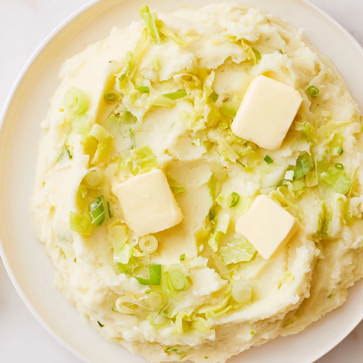 Warm Irish Colcannon Mashed Potatoes topped with a generous knob of butter, ready to be served alongside roasted meats.