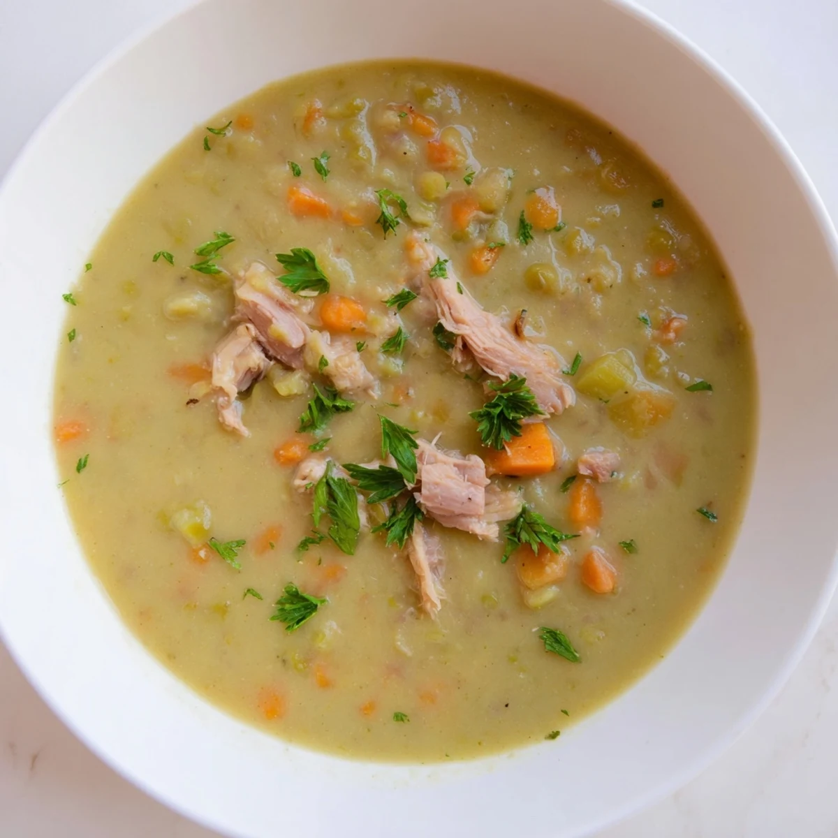 A close-up of creamy green split pea soup with smoked turkey leg, garnished with fresh parsley and served in a rustic bowl.