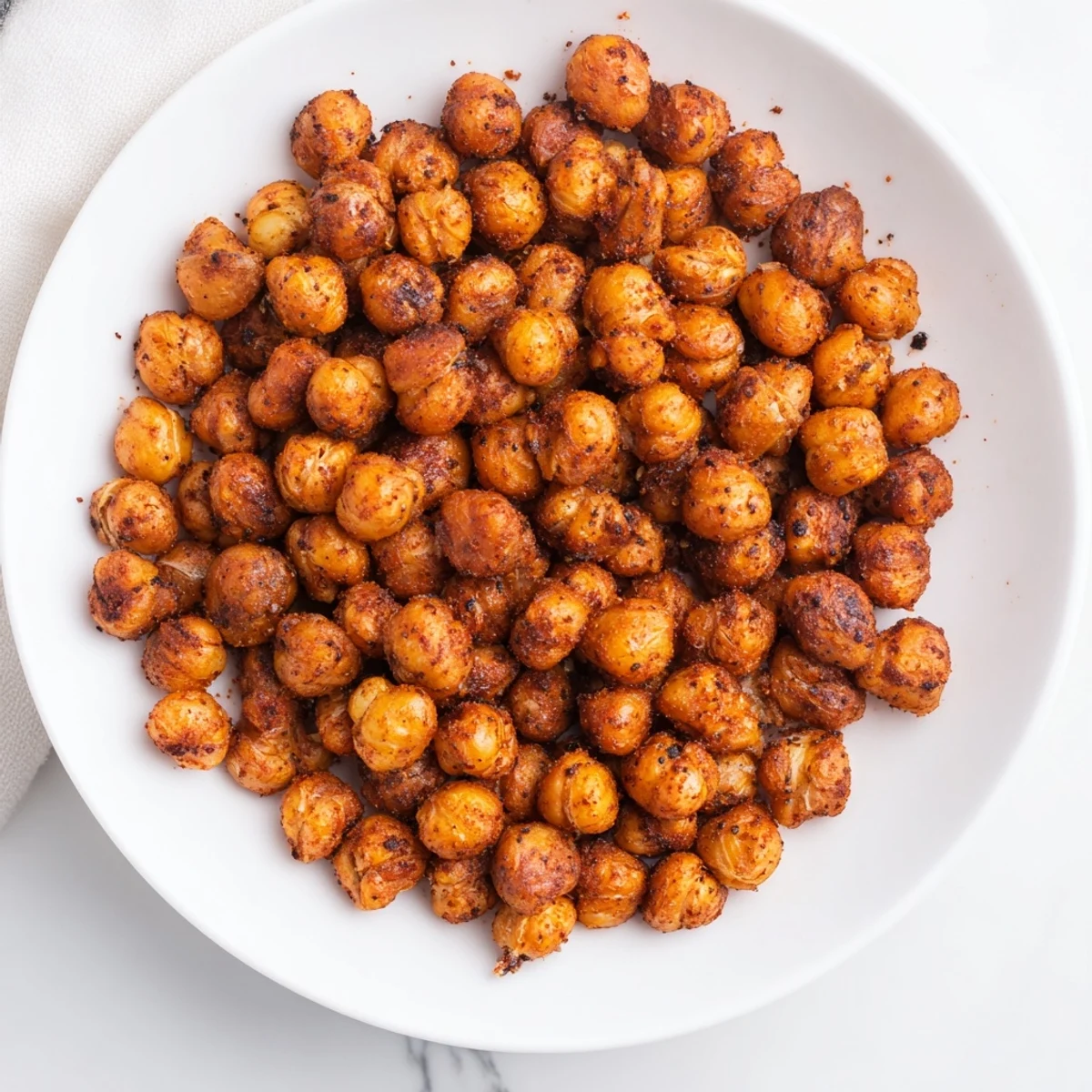 Crispy Cajun Spiced Roasted Chickpeas with Paprika are ready to eat in a white ceramic bowl with a spoon.