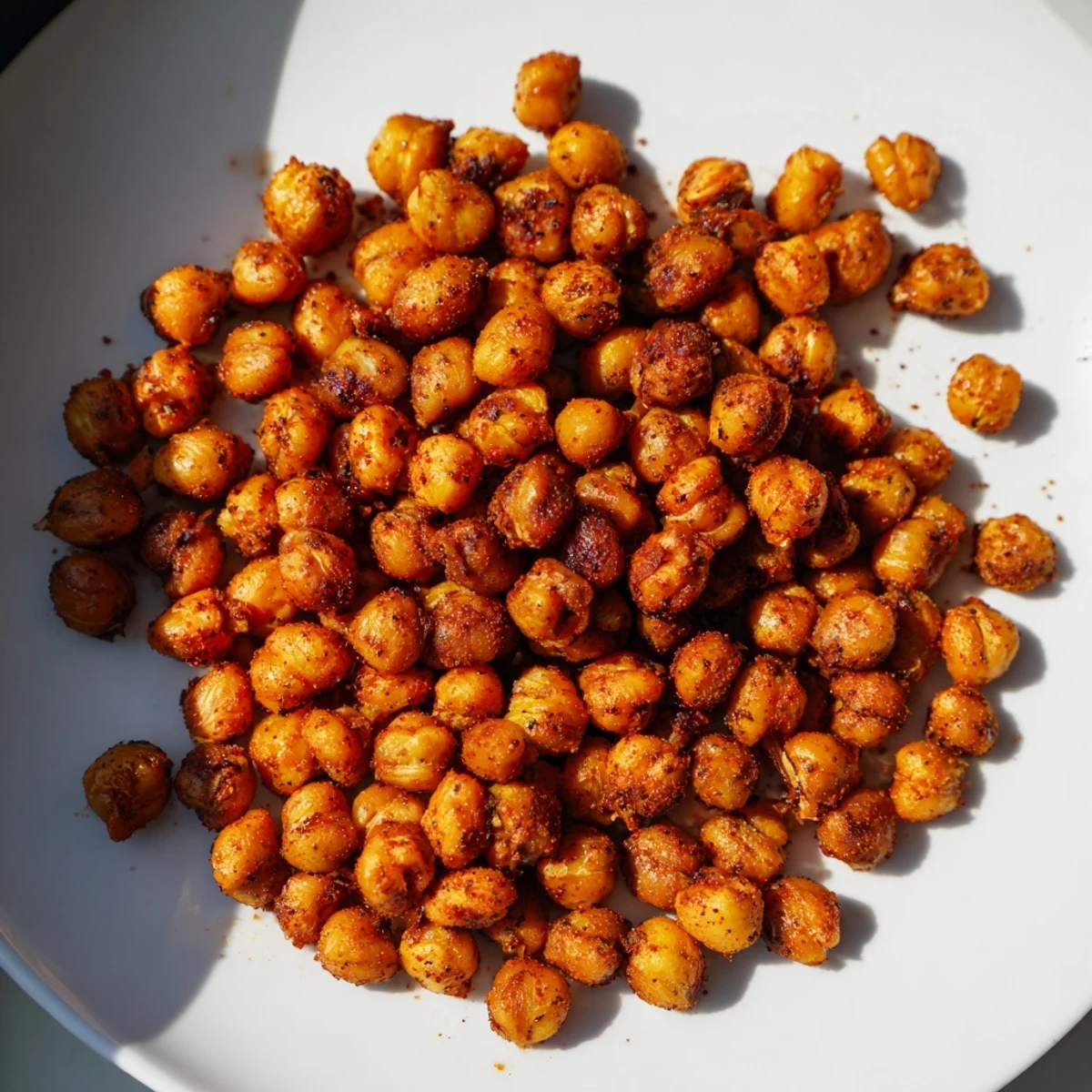 A spoonful of Cajun Spiced Roasted Chickpeas with Paprika shows the crunchy texture and deep red spice coating.