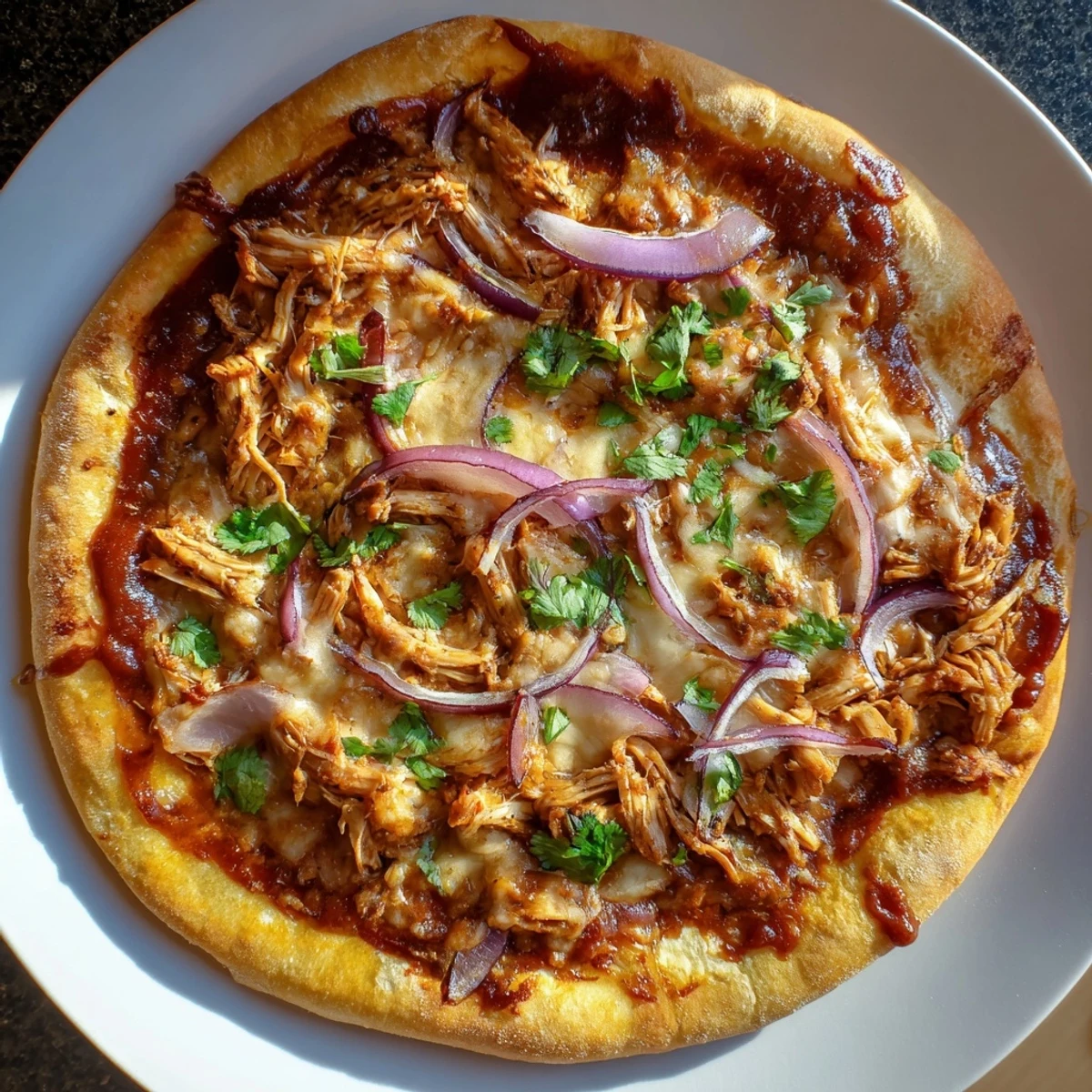 A golden, bubbly BBQ Chicken Pizza with red onion and cilantro rests on a rustic cutting board.
