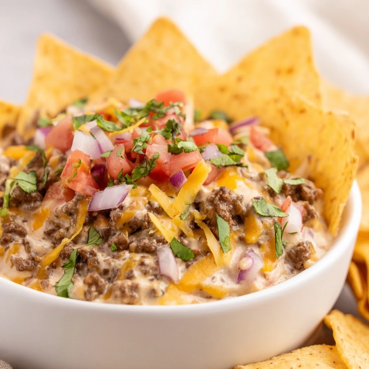Steamy bowl of Beef Queso Dip with Tortilla Chips, topped with cilantro and served alongside lime wedges. 