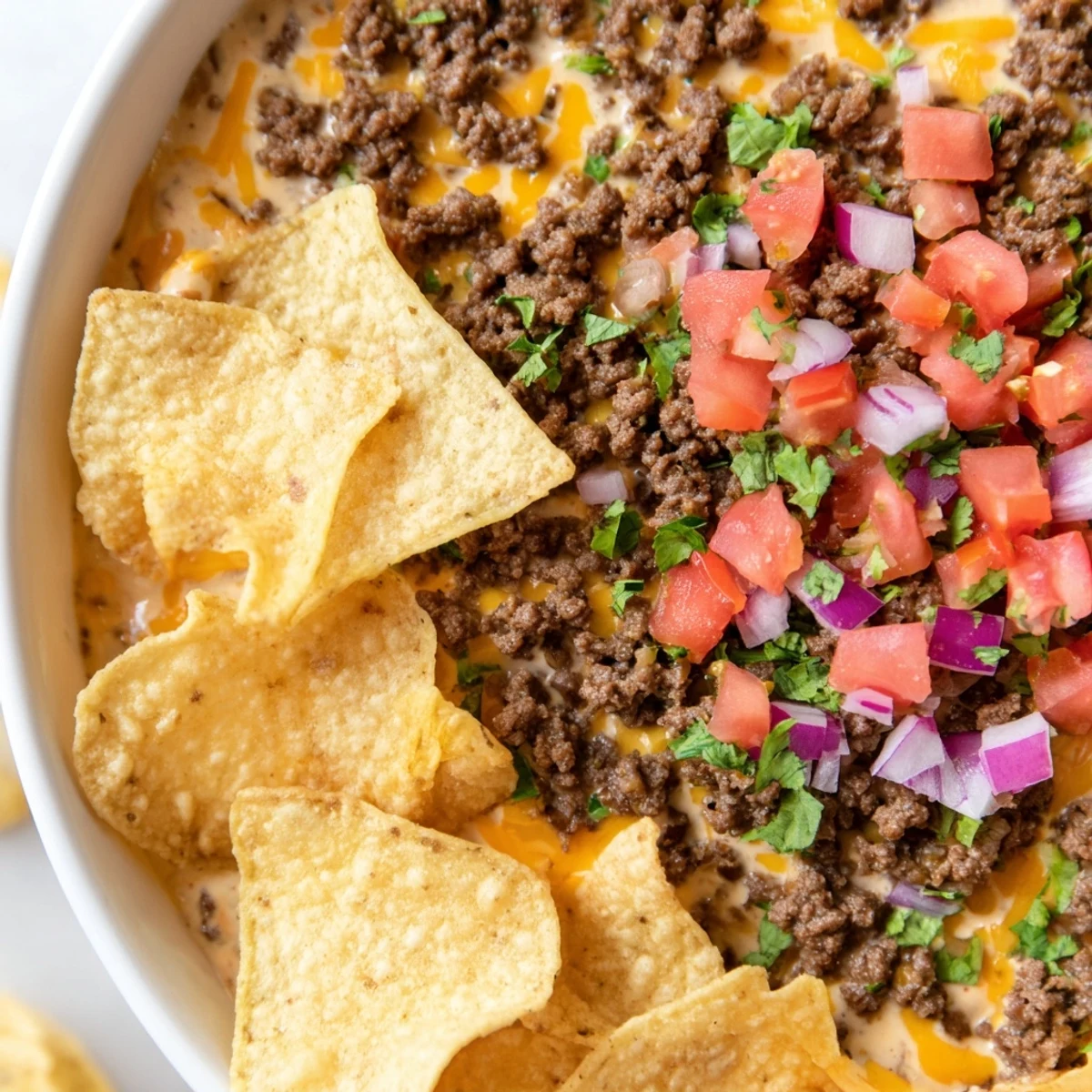 Golden tortilla chips arranged around a warm, creamy bowl of Beef Queso Dip garnished with diced tomato.