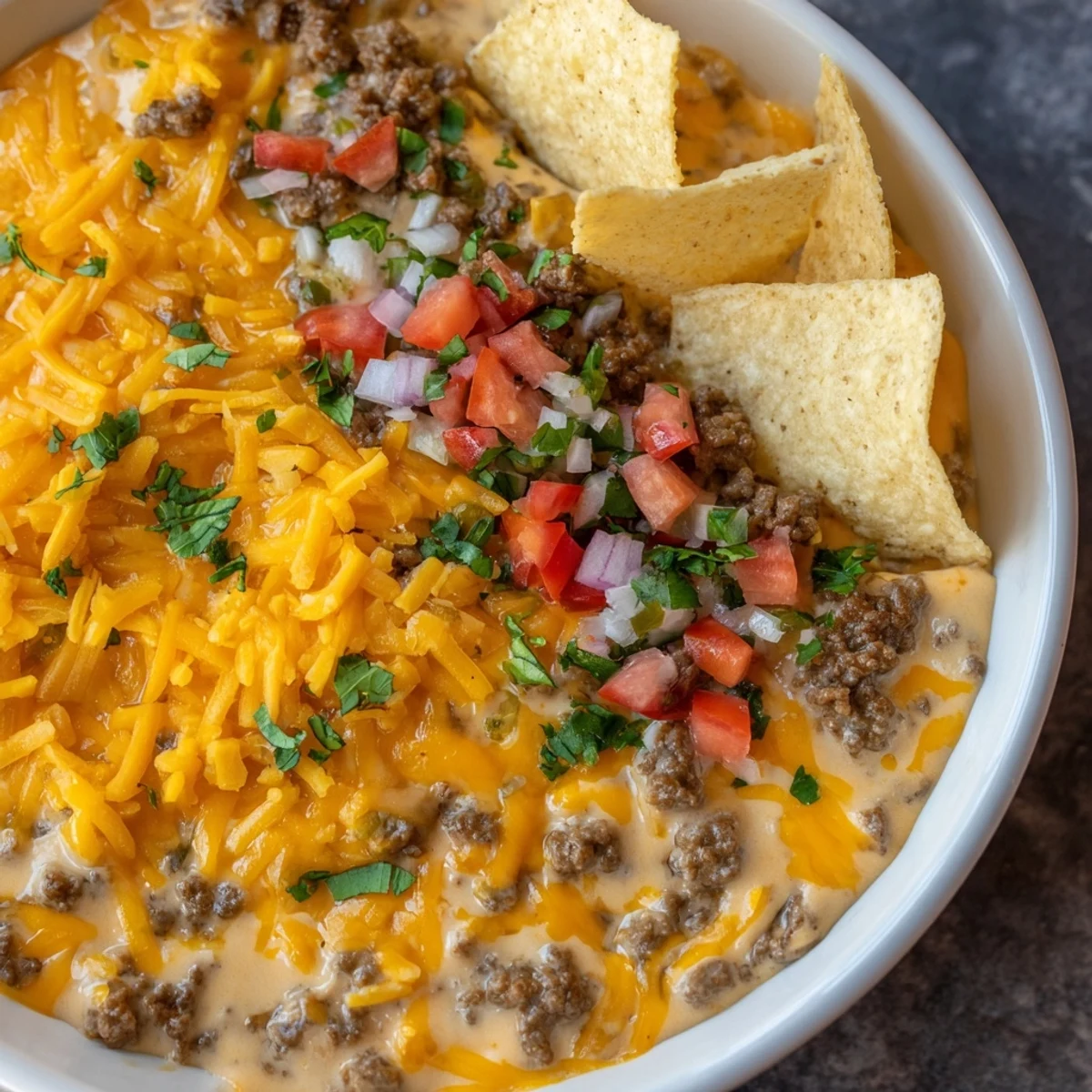 Hearty Beef Queso Dip with Tortilla Chips bubbling in a rustic bowl with extra chips for dipping. 