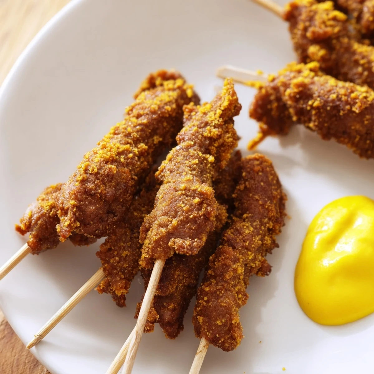 Golden-brown Mini Corn Dogs with Beef Franks on wooden skewers, drizzled with tangy yellow mustard on a rustic plate.
