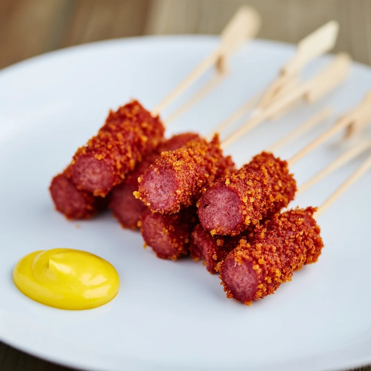 Freshly fried Mini Corn Dogs with Beef Franks arranged in a circle, showcasing their crispy, golden cornmeal batter exterior.