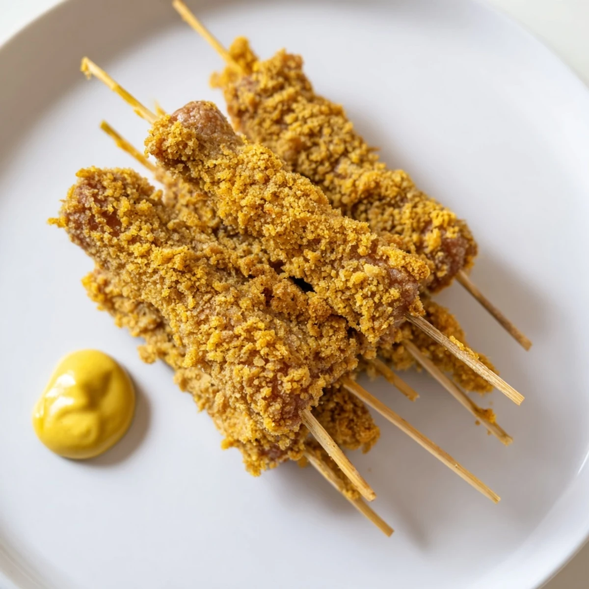 Close-up of Mini Corn Dogs with Beef Franks, held by hands, ready for dipping into a bowl of mustard.