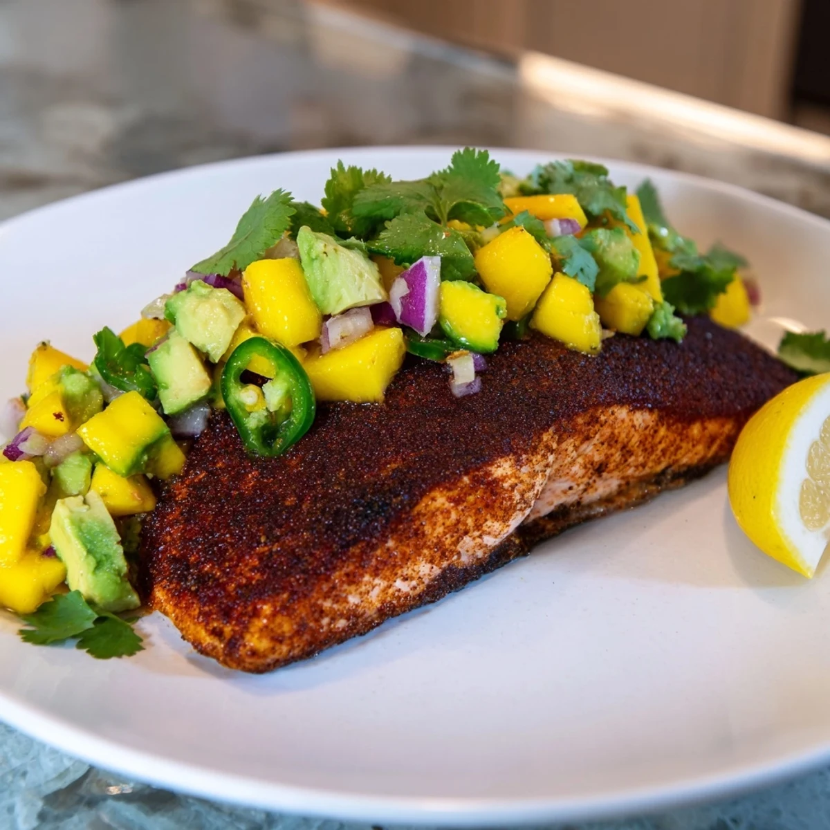 Blackened salmon fillets topped with vibrant mango avocado salsa and fresh lemon wedges on a plate.