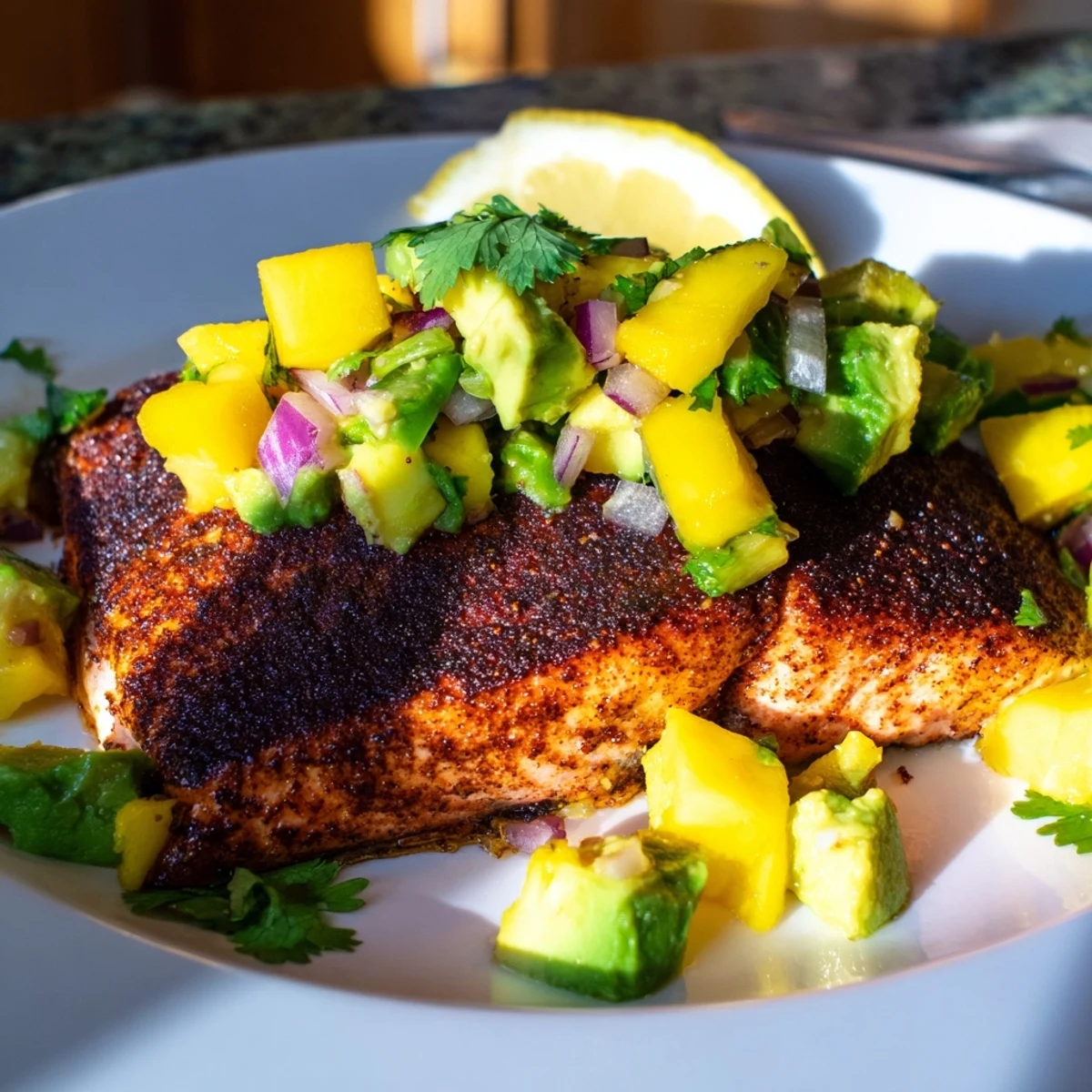 A cast-iron skillet presents perfectly blackened salmon with a smoky, spicy crust for dinner.
