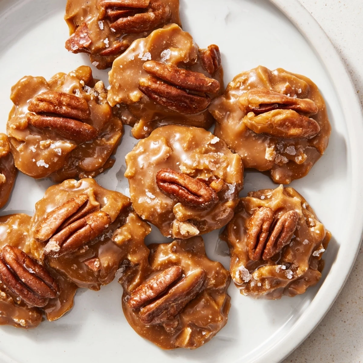 Golden Mardi Gras Pecan Pralines with Cream arranged on parchment paper, showcasing their creamy texture and toasted pecans for a festive Southern treat.