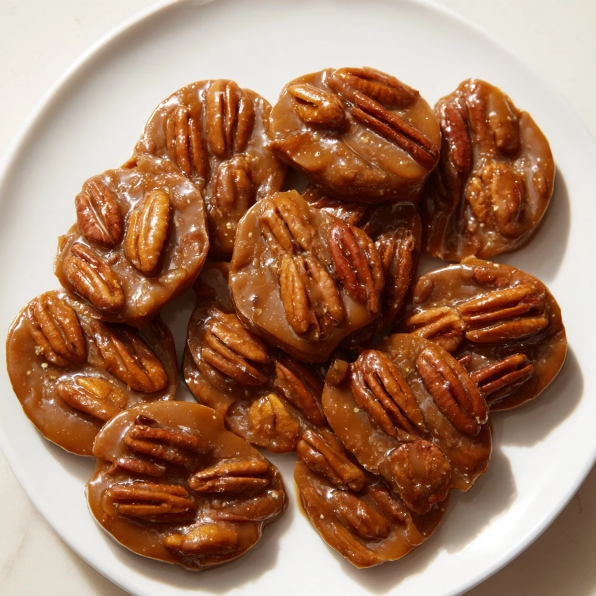 Close-up of freshly made Mardi Gras Pecan Pralines with Cream, revealing the gooey caramel-like interior and glistening pecan halves on a rustic table.