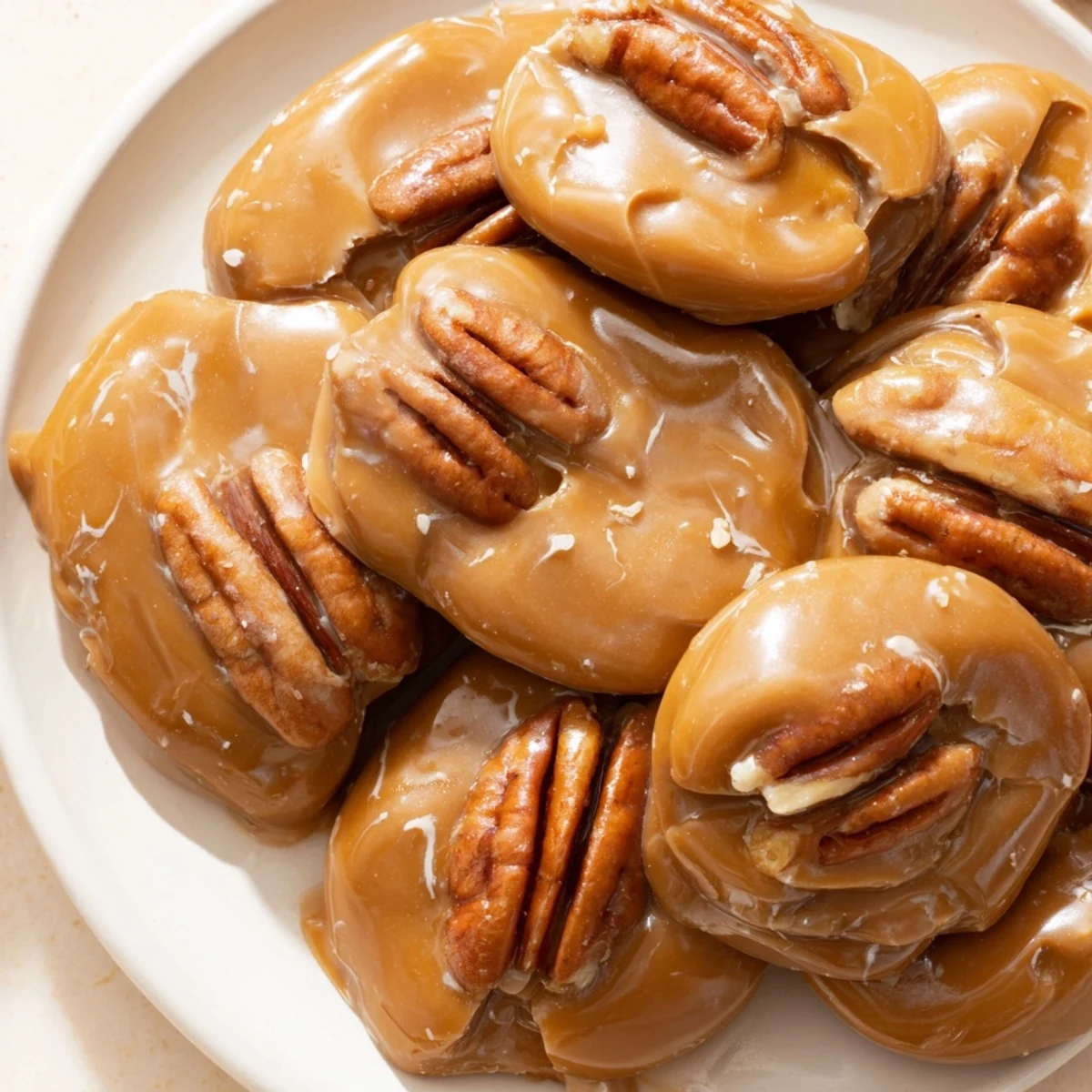 A hand holding a rich Mardi Gras Pecan Pralines with Cream, highlighting the smooth, melt-in-your-mouth candy next to a steaming cup of coffee.