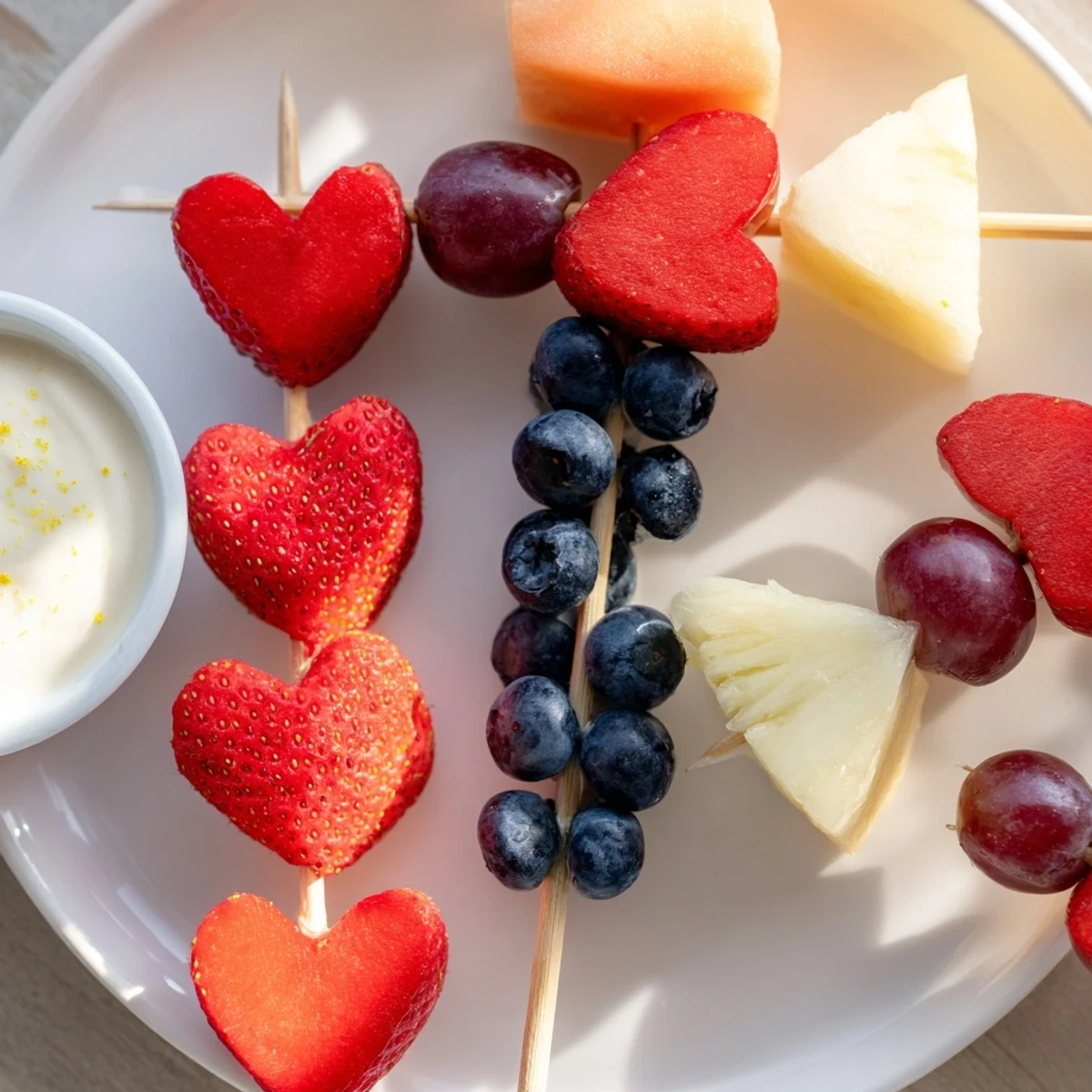 Freshly prepared Sweetheart Fruit Skewers with Yogurt Dip, showcasing heart-cut watermelon, strawberries, and pineapple served on a platter.