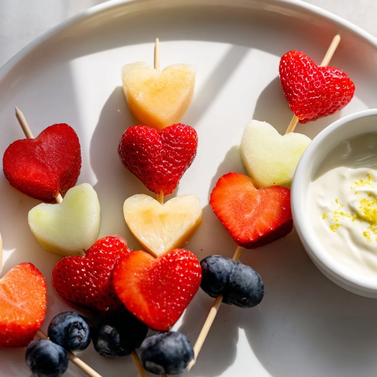 Serving platter of Sweetheart Fruit Skewers with Yogurt Dip, arranged for a party with vibrant fresh fruits and a zesty dip.