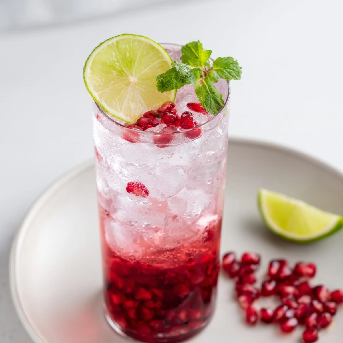 Vibrant pomegranate fizz mocktails in tall glasses, filled with ice, pomegranate arils, and a fresh lime wedge garnish.