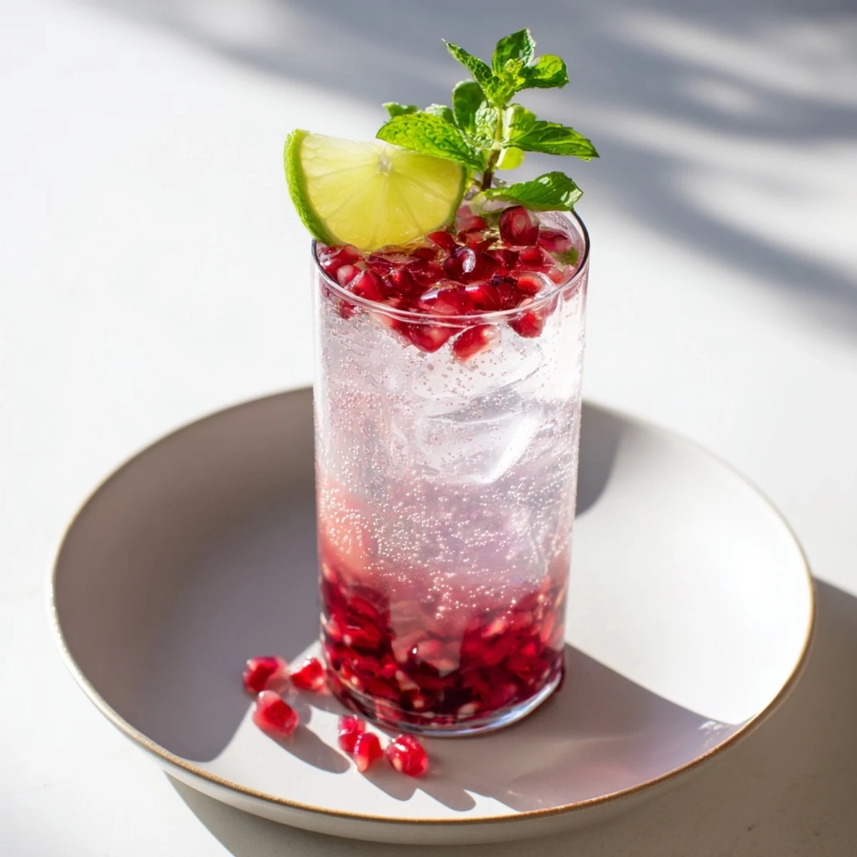 Refreshing pomegranate fizz mocktail served over ice, with a lime wedge and mint leaves in a chilled glass.