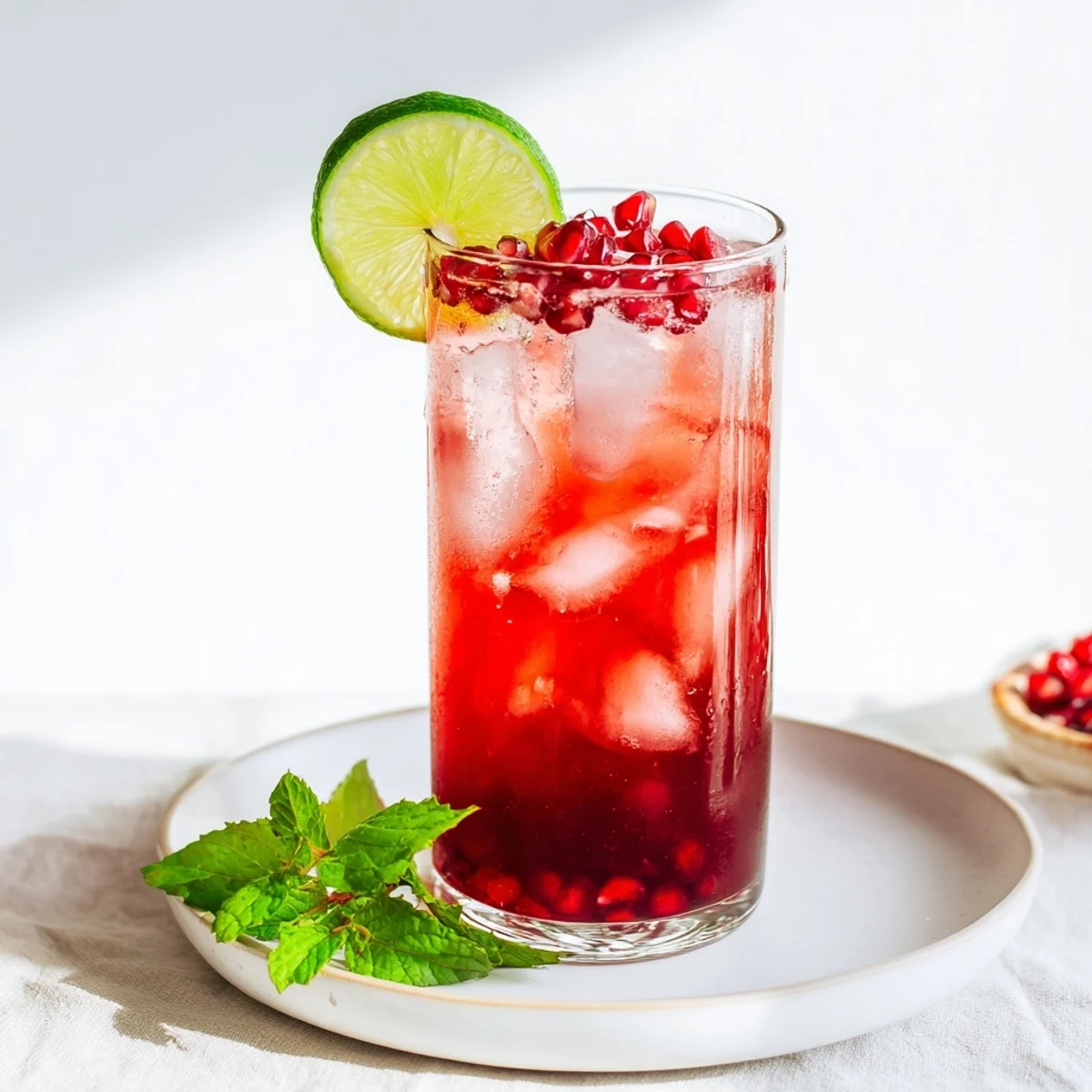 Easy homemade pomegranate fizz mocktail, garnished with lime wedges and pomegranate arils, ready for a festive party drink.