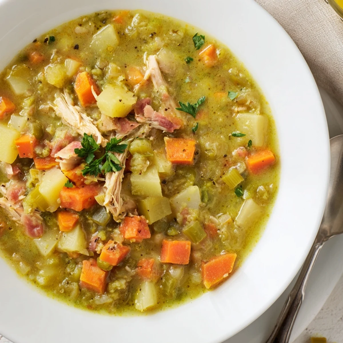 A steaming bowl of Green Split Pea Soup with Smoked Turkey Leg, topped with fresh parsley and served with crusty bread for dipping.