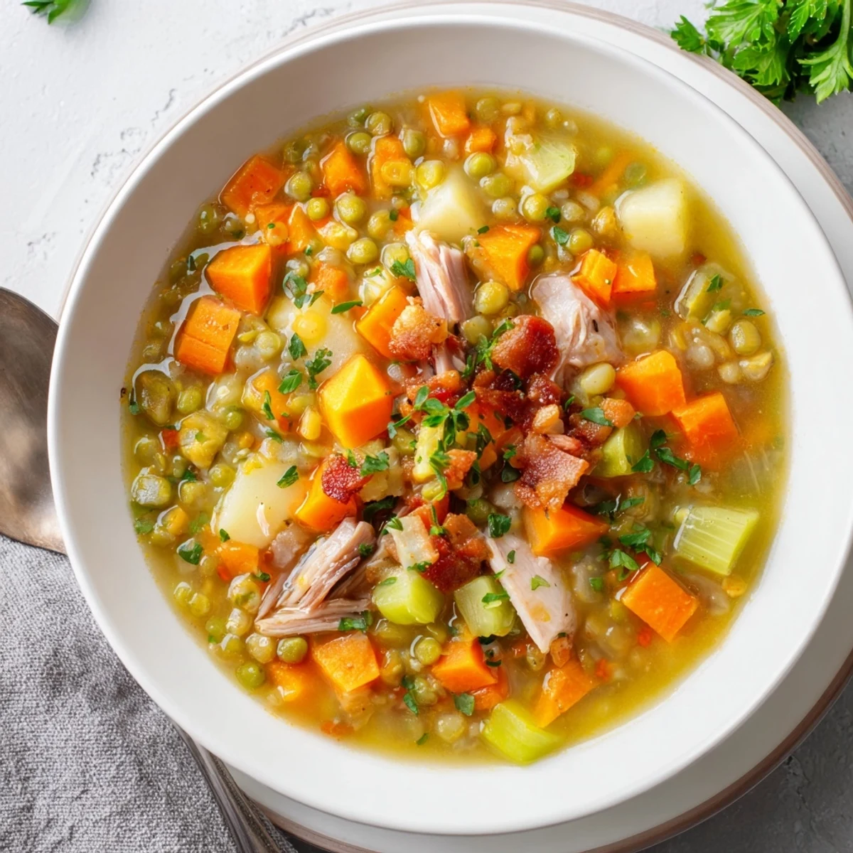 Green Split Pea Soup with Smoked Turkey Leg served hot in a rustic ceramic bowl, garnished with parsley and a side of croutons.