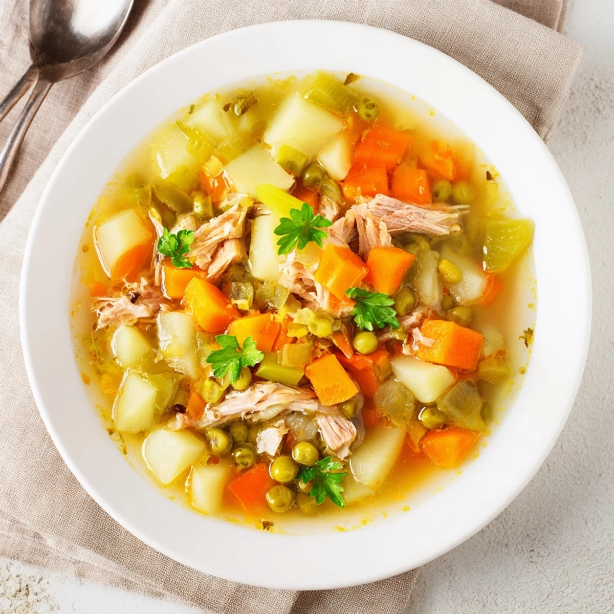 A hearty Green Split Pea Soup with Smoked Turkey Leg simmering in a pot, featuring tender carrots, celery, and aromatic herbs.