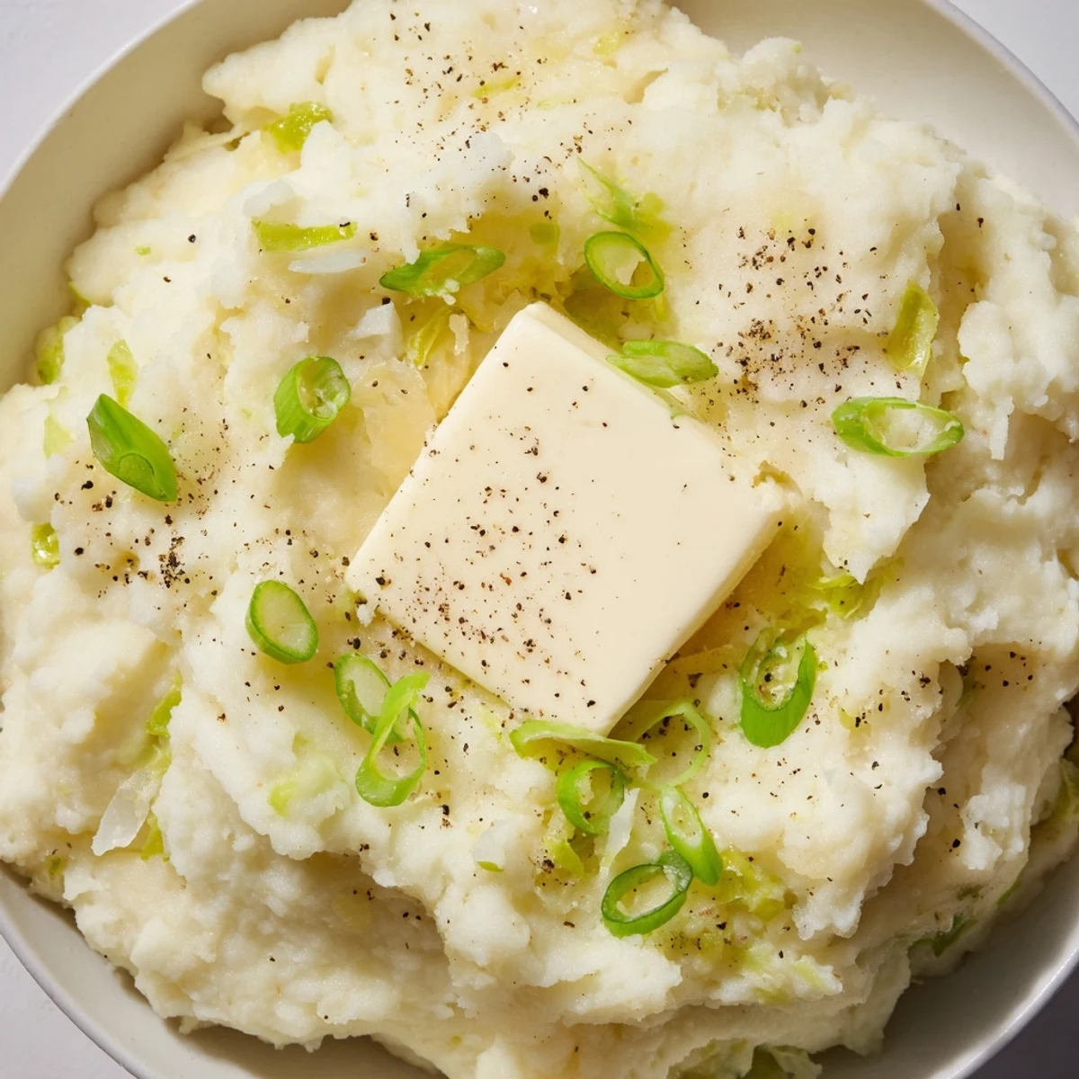 Fluffy Irish Colcannon Mashed Potatoes with Butter topped with melting butter and fresh green onions.