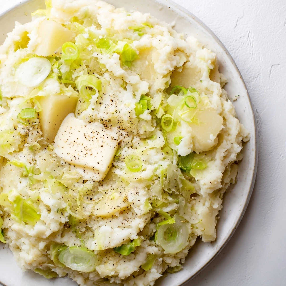 A comforting bowl of Irish Colcannon Mashed Potatoes with Butter, studded with tender cabbage.