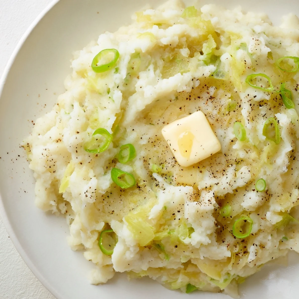 Creamy Irish Colcannon Mashed Potatoes with Butter served warm beside a rustic dinner plate.
