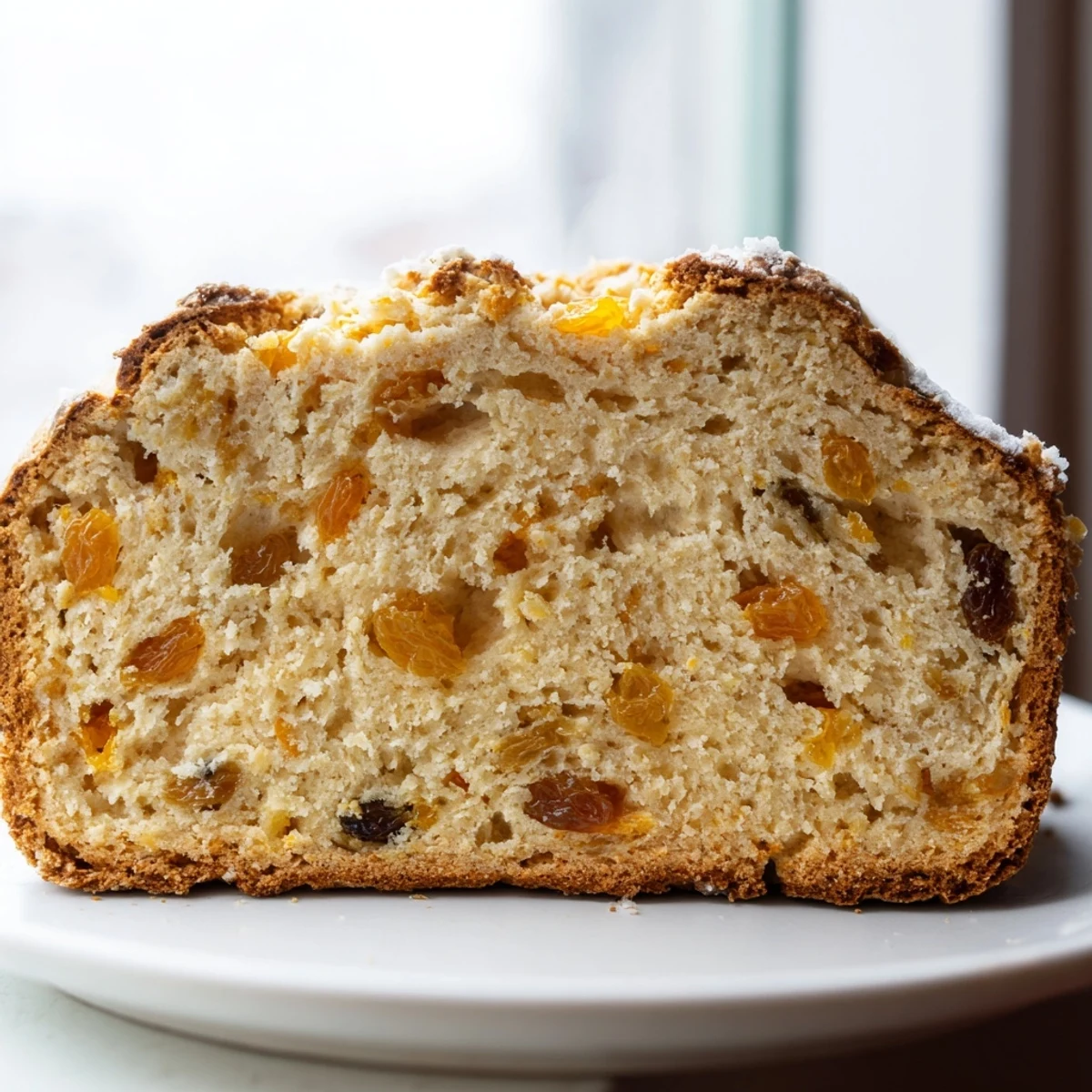 Golden-brown Irish Soda Bread with Raisins and Orange Zest, sliced to show its tender crumb and plump raisins.  