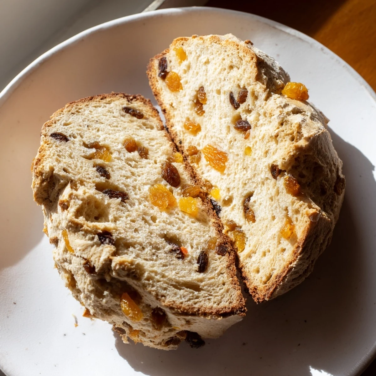 Freshly baked Irish Soda Bread with Raisins and Orange Zest on a rustic wooden board, ready for spreading butter.  