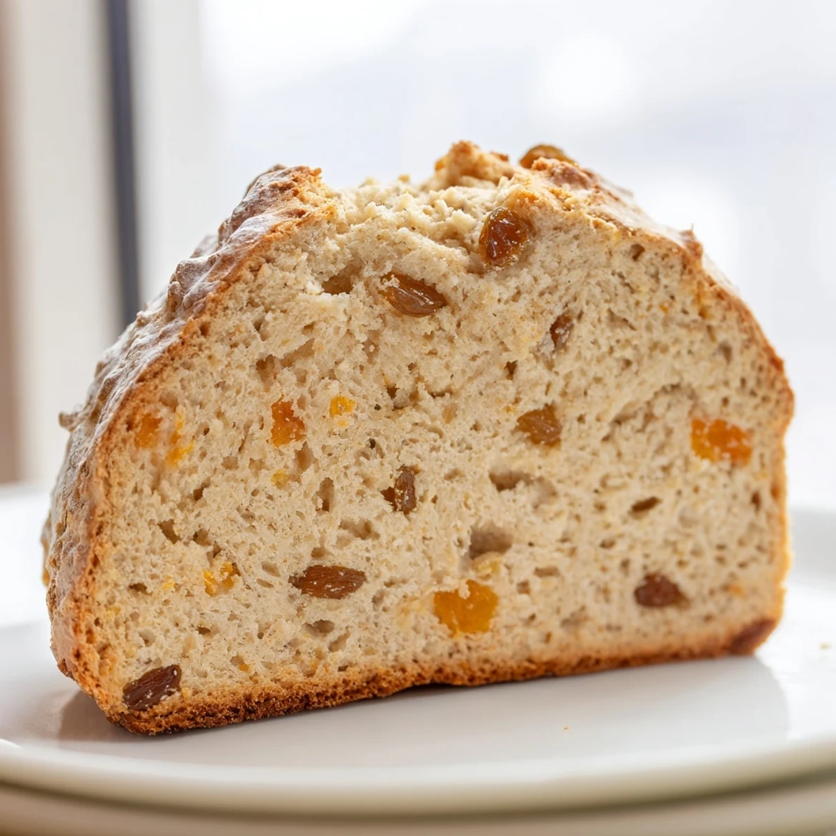 A close-up of Irish Soda Bread with Raisins and Orange Zest, highlighting the bright citrus zest and juicy dried fruit.