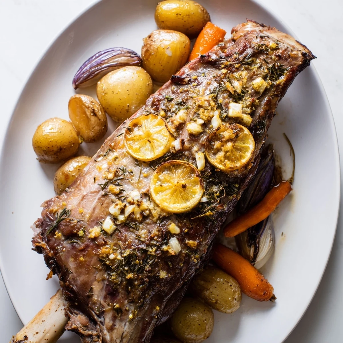 Aromatic garlic and oregano crust highlights this Slow Roasted Leg of Lamb with Lemon and Oregano, served with tender roasted vegetables.