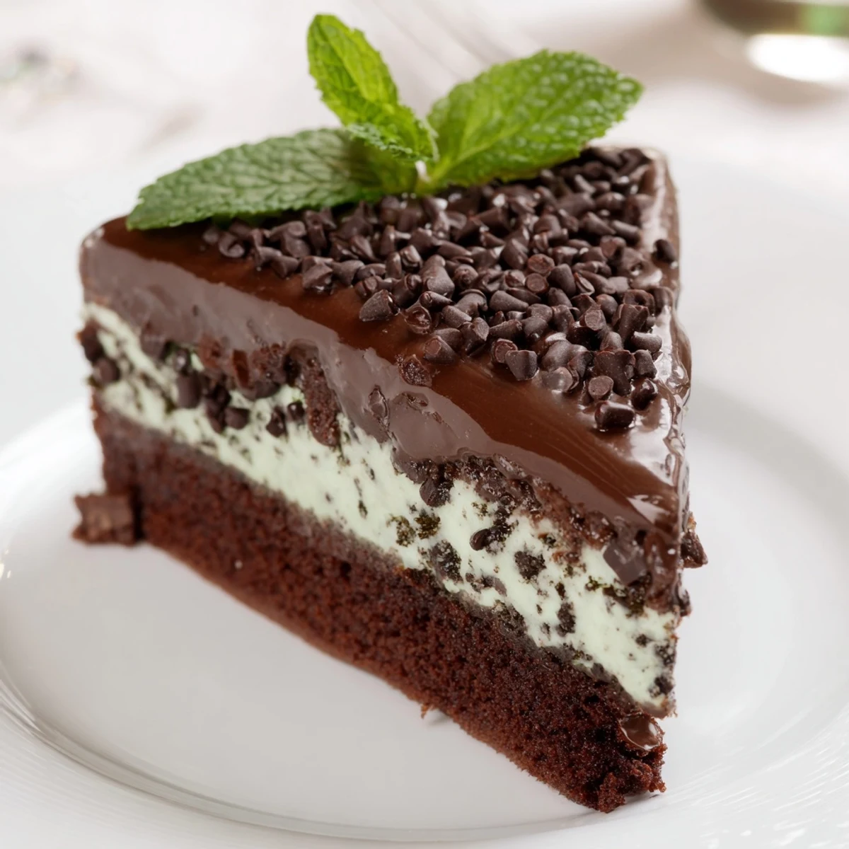 Cool, creamy mint chocolate chip ice cream cake sits on a plate, garnished with fresh mint leaves and mini chocolate chips.