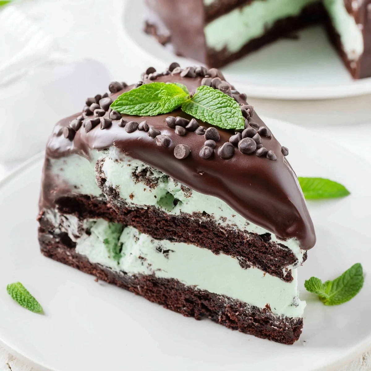 A decadent slice of mint chocolate chip ice cream cake showcases a layered dessert with chocolate cake, creamy ice cream, and chocolate ganache.