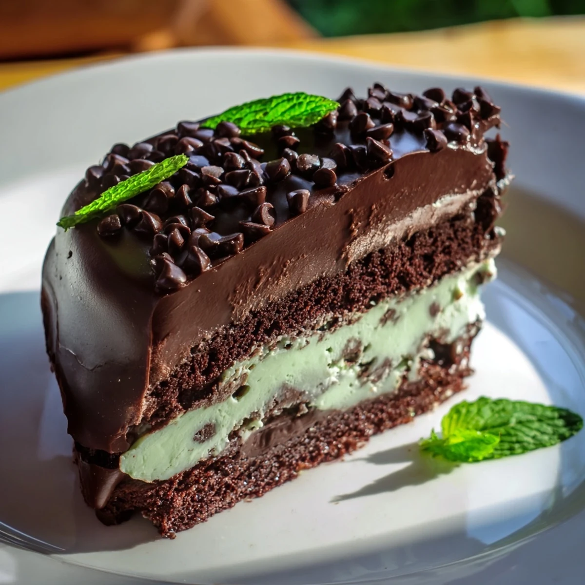 Sliced mint chocolate chip ice cream cake reveals rich chocolate layers, perfect for serving at a refreshing summer dessert party.