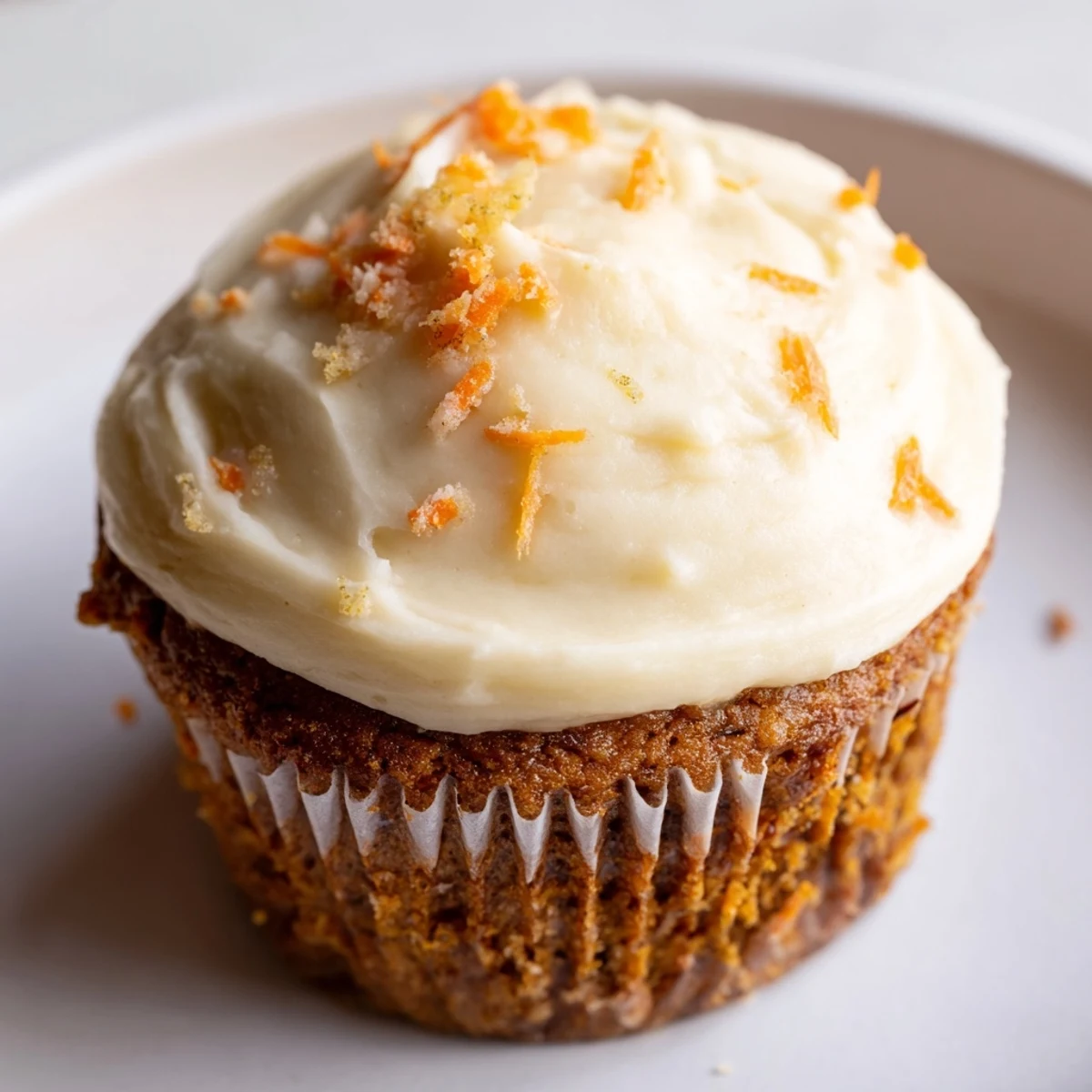 Serve warm Carrot Cake Cupcakes as a delightful dessert, with orange zest garnish on a dessert plate.