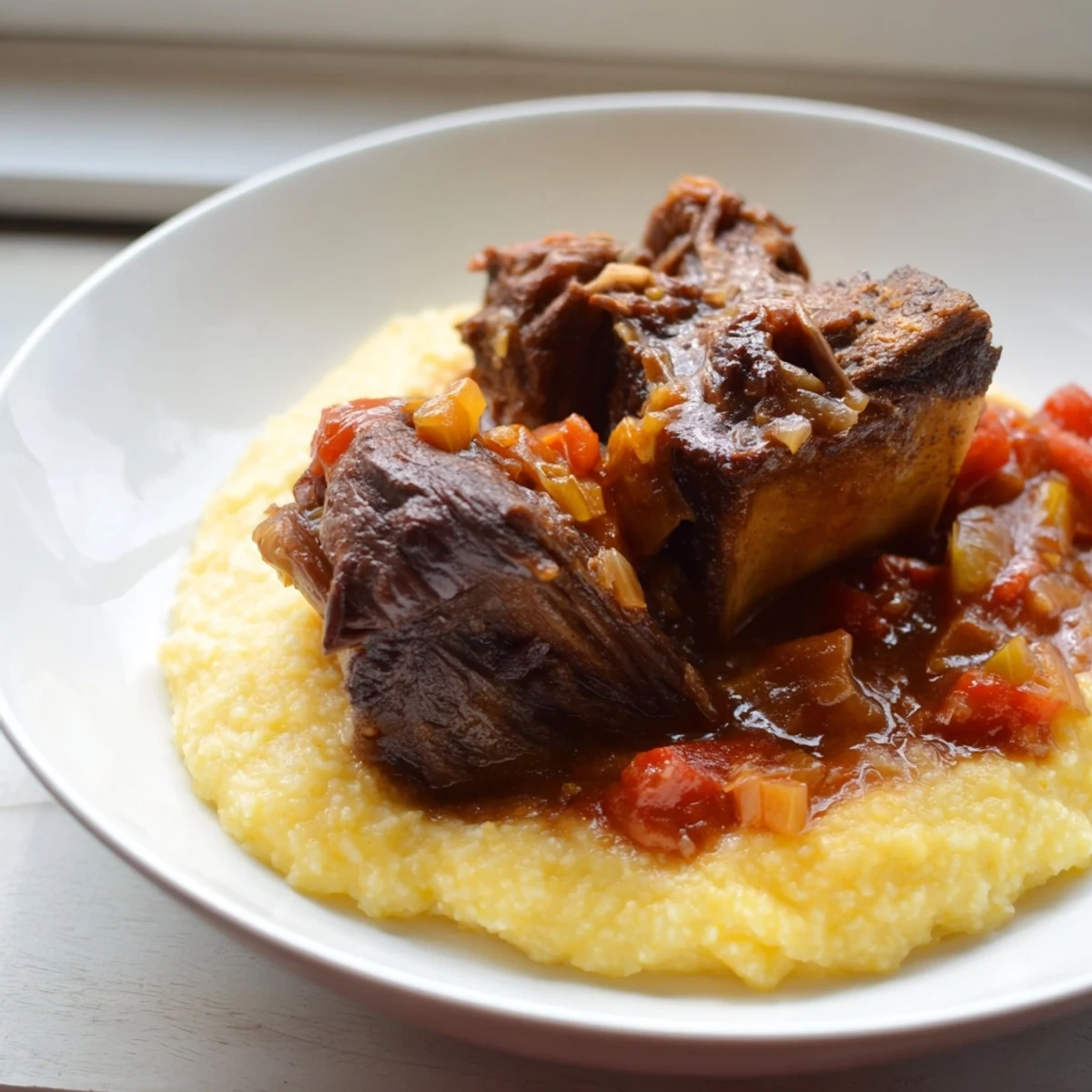 Tender braised beef short ribs with creamy polenta, rich red wine sauce spooned over the top in a rustic ceramic bowl.  