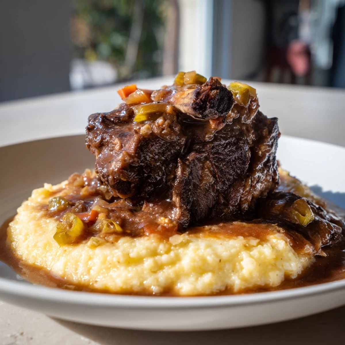 Fall-off-the-bone braised beef short ribs on buttery polenta, bathed in a glossy red wine sauce for cozy comfort.