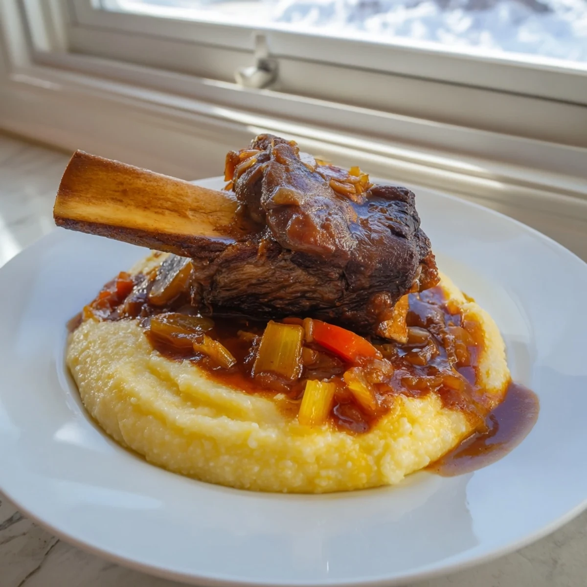 Hearty Italian-American braised beef short ribs served on creamy polenta, garnished with thyme beside warm, crusty bread.  