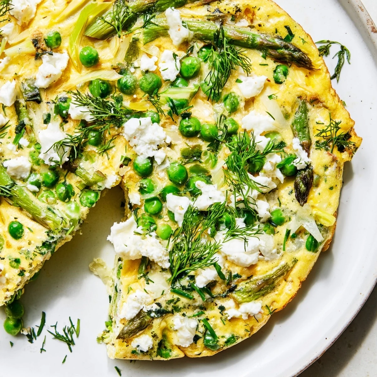A close-up slice of Spring Vegetable Frittata with Goat Cheese and Herbs, revealing tender vegetables and melted cheese on a white plate for brunch.