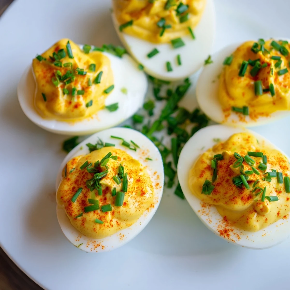A close-up of deviled eggs with chives and smoked paprika, the golden filling piped smoothly into the shells for an appetizer.