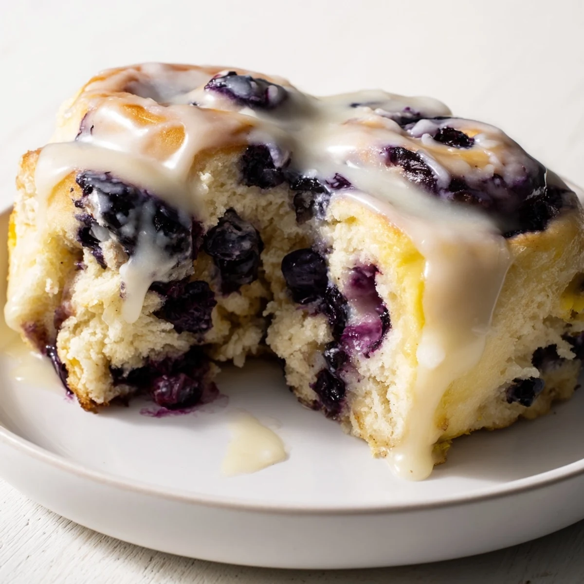 Freshly baked Lemon Blueberry Sweet Rolls with Vanilla Icing, showcasing golden pastry and vibrant blueberries on a rustic wooden board.