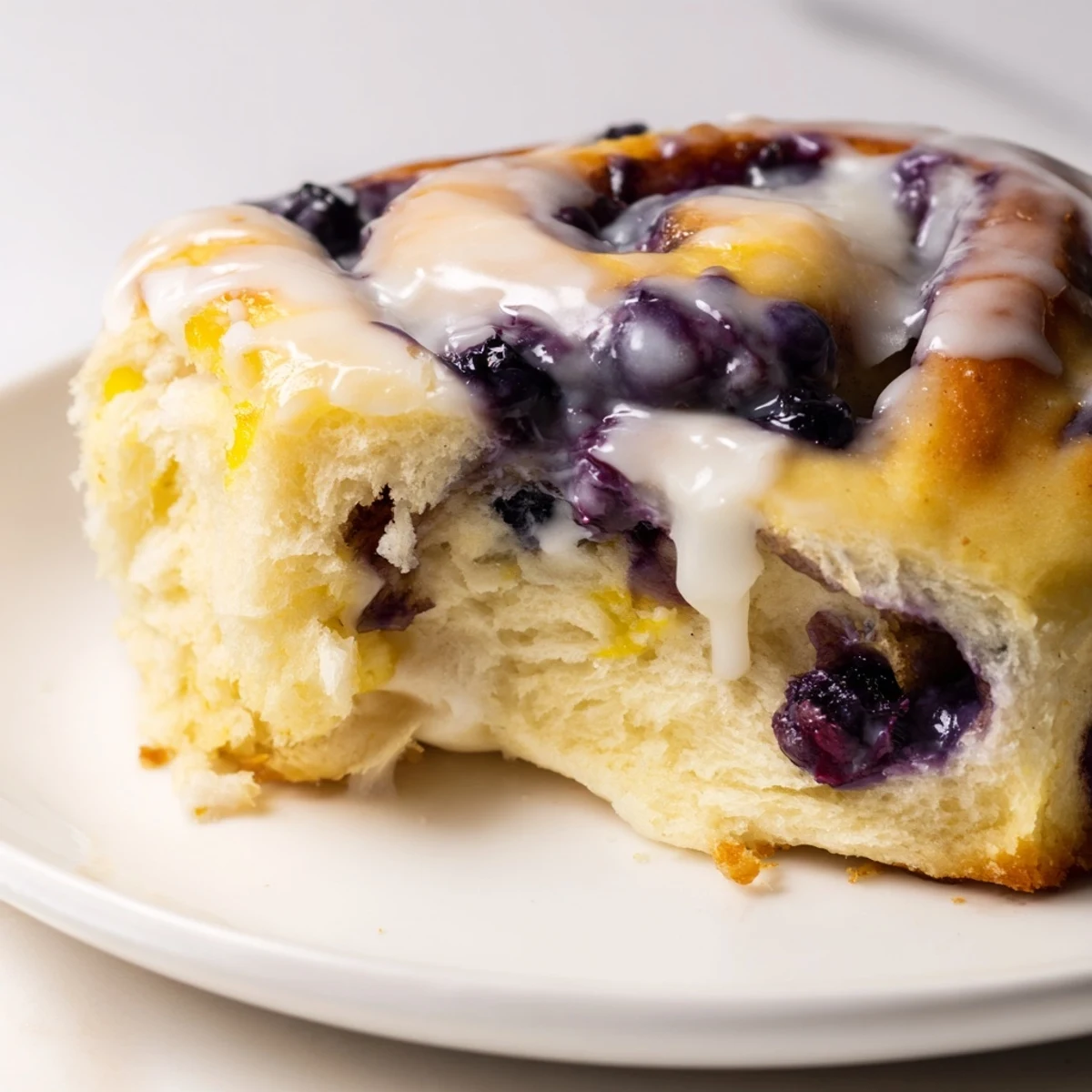 Gooey Lemon Blueberry Sweet Rolls with Vanilla Icing are drizzled generously, revealing plump berries and sticky lemon glaze.