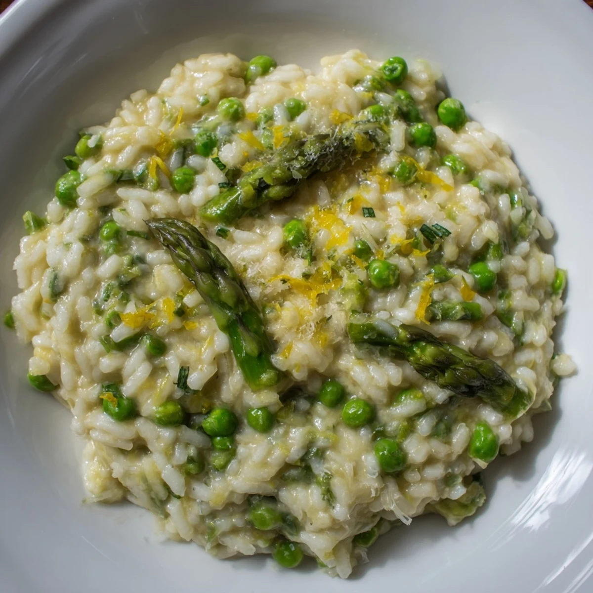 A rustic skillet of Creamy Asparagus and Pea Risotto with Parmesan, brightened with lemon zest and ready for dinner.