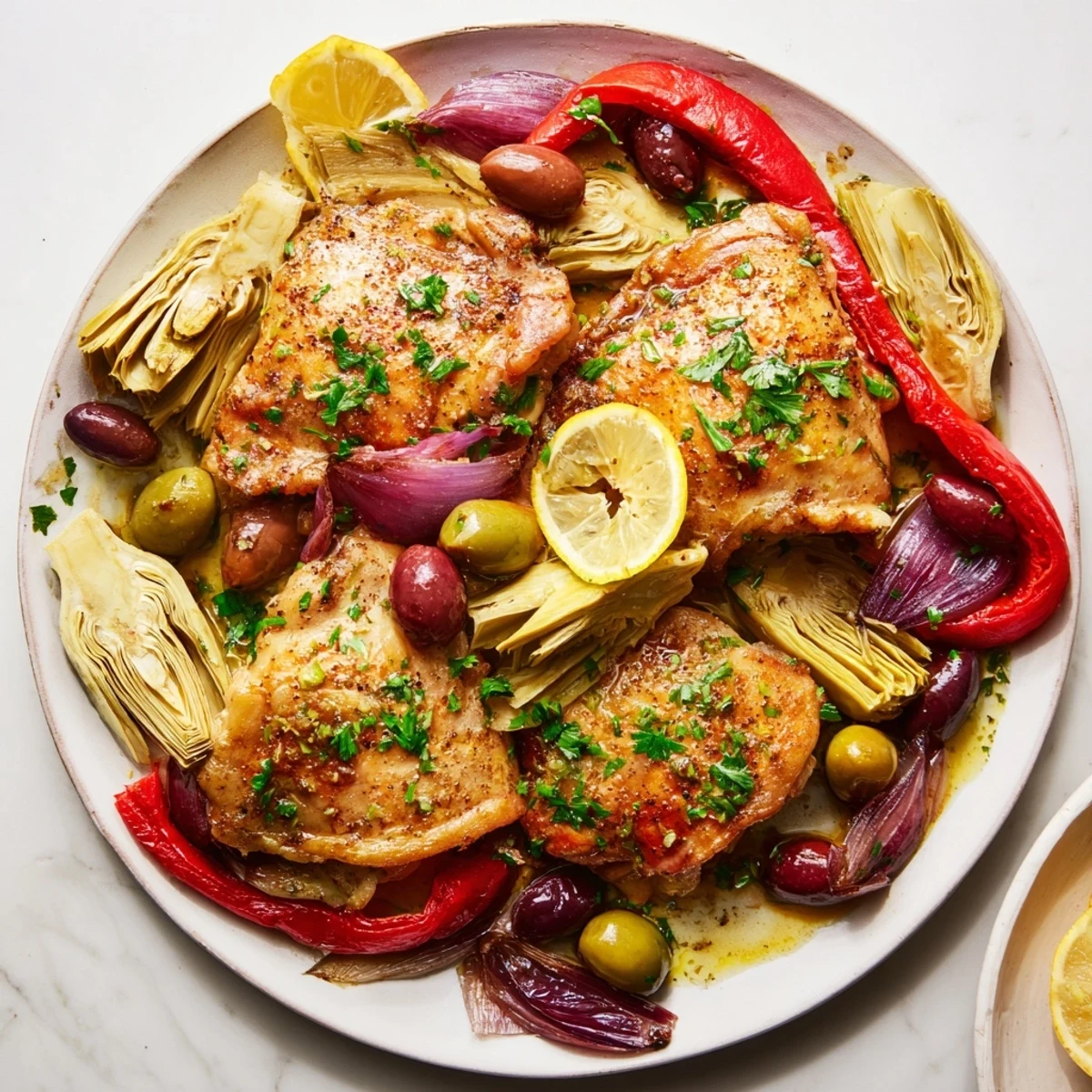 Juicy chicken thighs with crispy skin, roasted red bell peppers, and Mediterranean olives on a single sheet pan for an easy dinner.