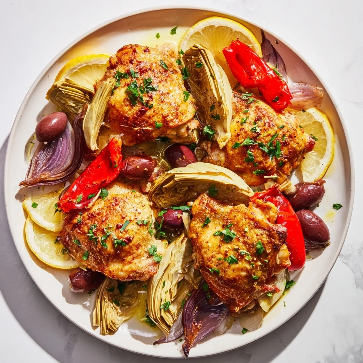 Sheet Pan Chicken with Artichokes and Olives roasted with golden skin, tender artichoke hearts, and briny green olives on a colorful pan.