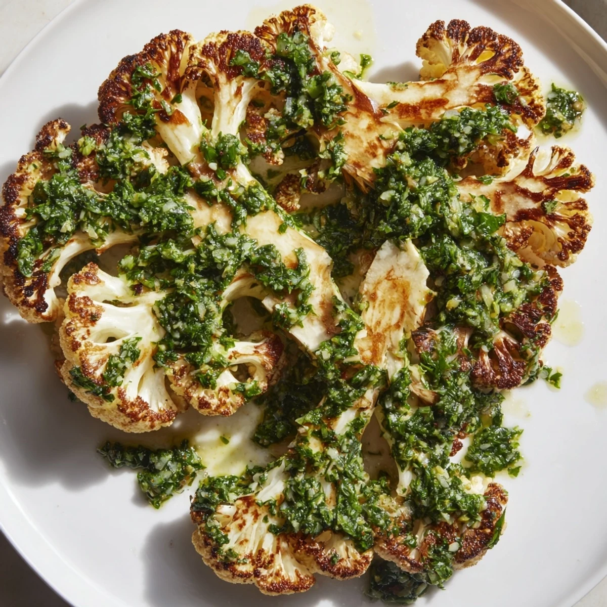 Tender thick-cut cauliflower steaks roasted to perfection and topped with vibrant chimichurri, garnished with fresh parsley and red pepper flakes.