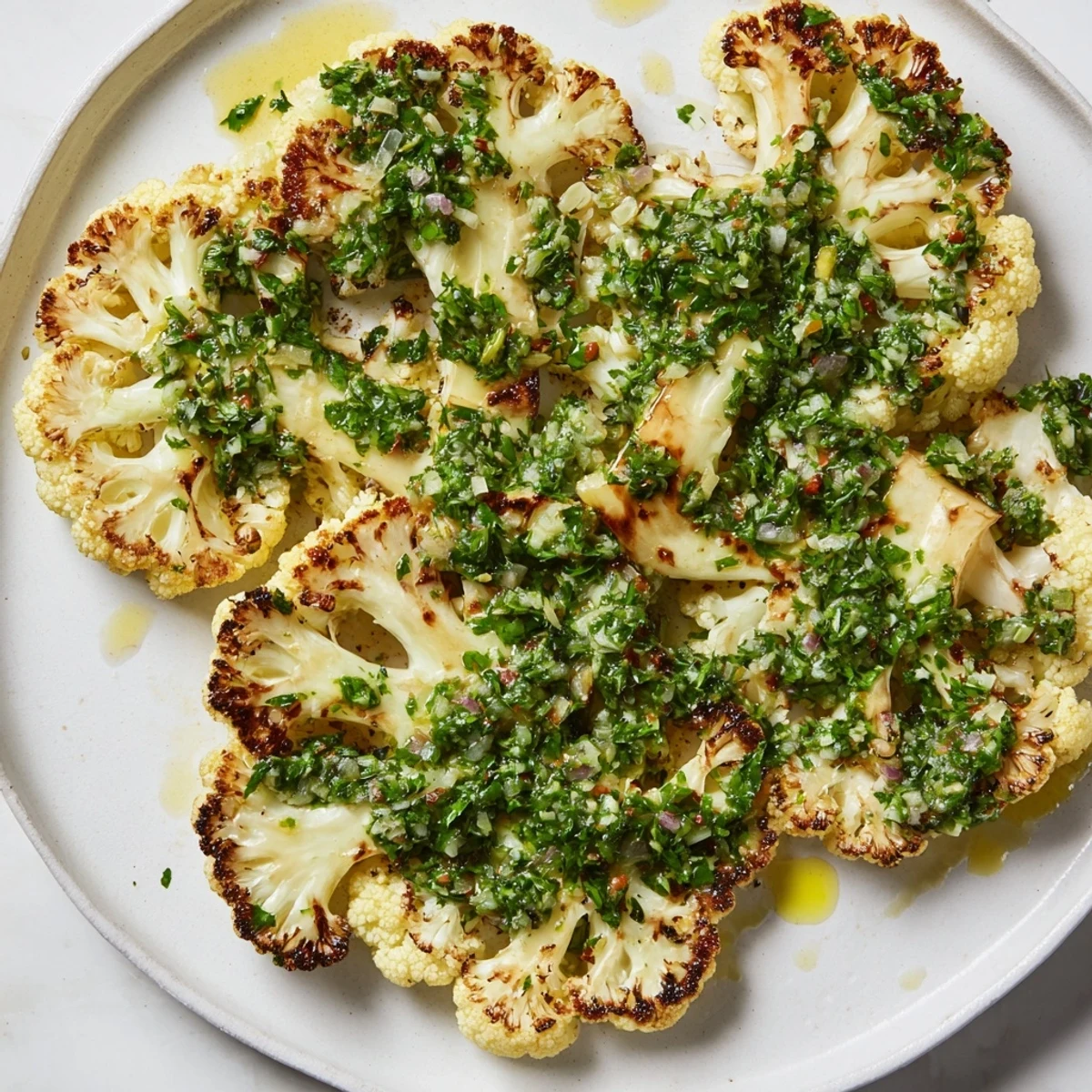 Sizzling roasted cauliflower steaks fresh from the oven, drizzled with garlic-forward chimichurri, presented beautifully for a satisfying vegetarian main course.