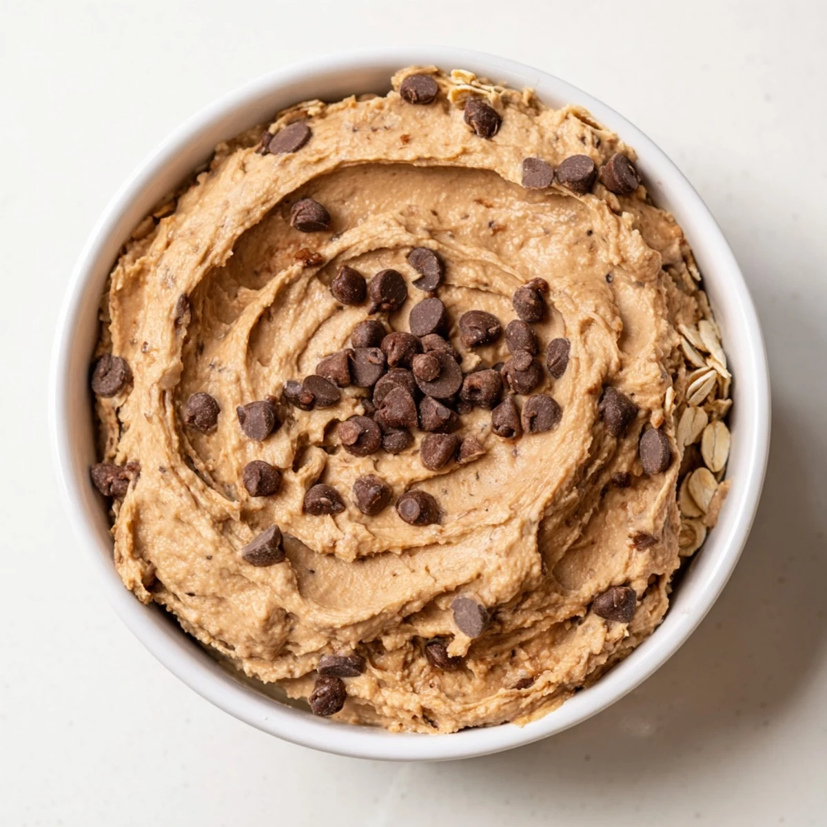 This bowl of homemade Chocolate Chip Cookie Dough Hummus features a smooth texture and is ready to be enjoyed with pretzels. 